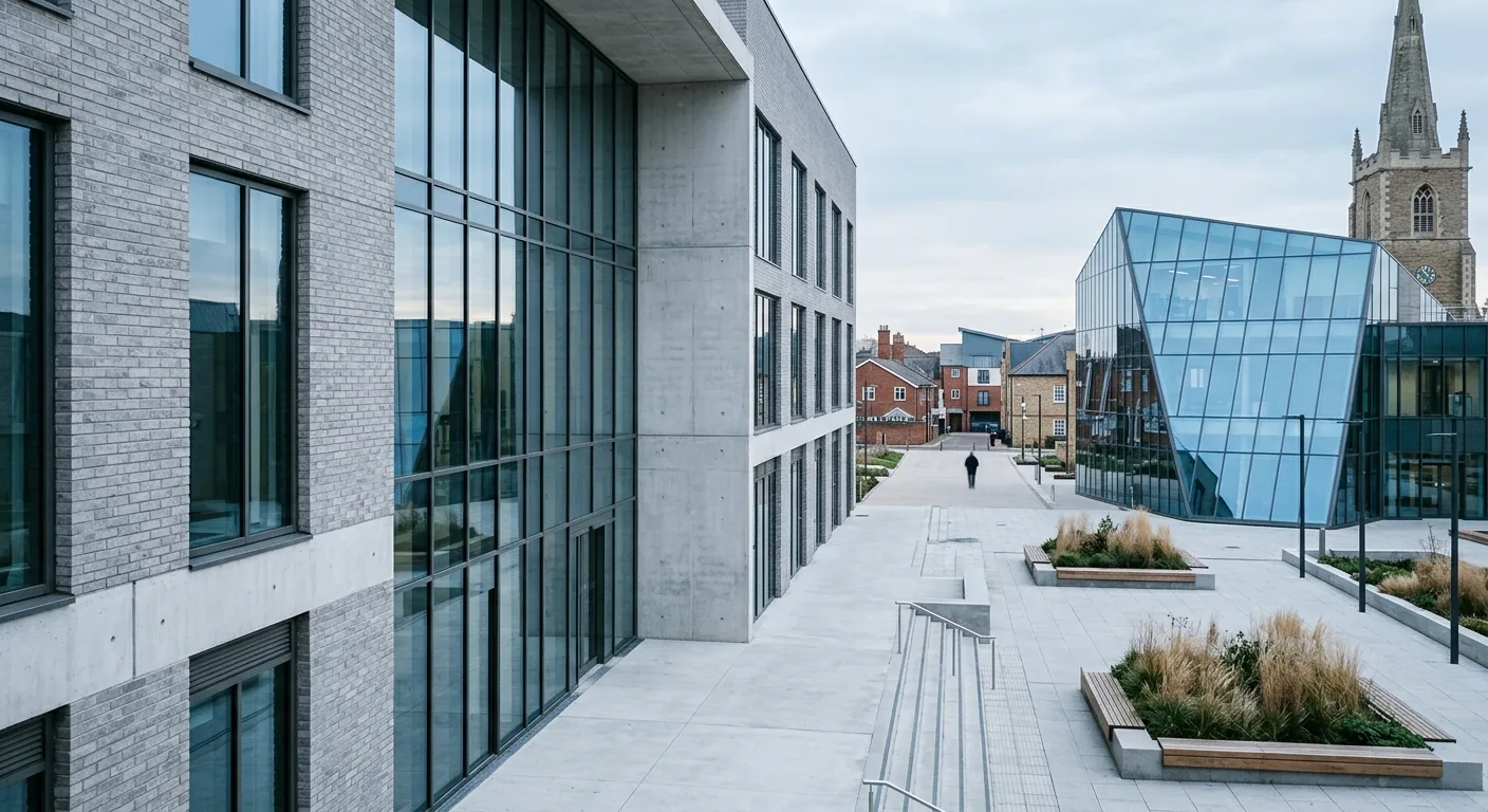 Modern civic building exterior and paved public square in soft daylight