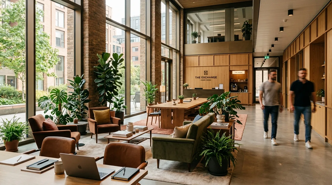 Bright double-height office lounge with floor-to-ceiling glazing, timber furniture and large potted plants