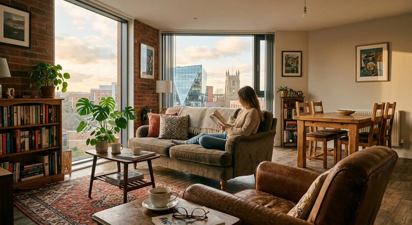Warm lived-in flat living room in evening light with a resident reading by the window