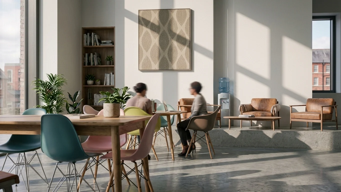 An ALGI Bio Wall panel mounted in a bright open-plan office with people working at timber tables