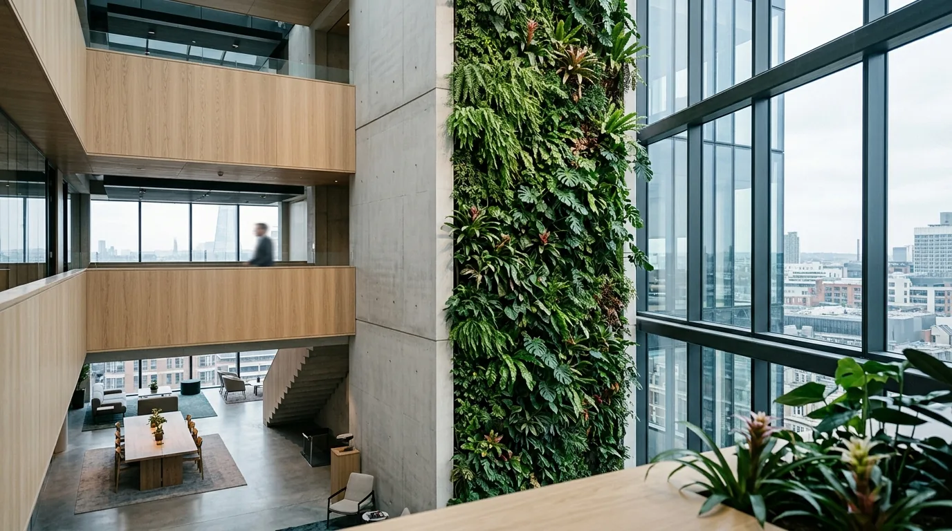 Tall living green wall in a multi-storey office atrium beside full-height glazing
