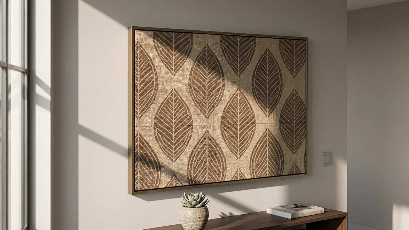 An ALGI Bio Wall panel in a slim brass frame mounted above a walnut console in a sunlit hallway