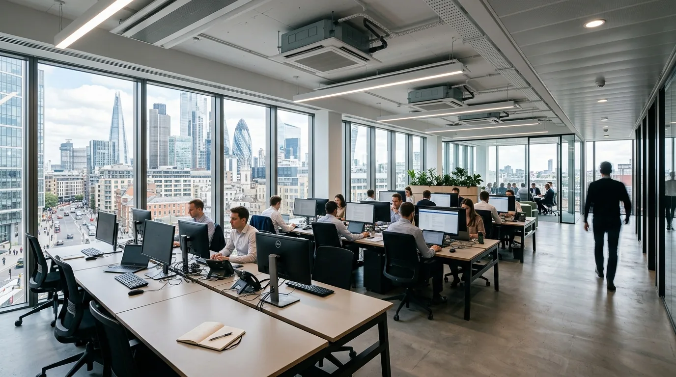 Open-plan office with rows of desks, staff at monitors and ceiling air conditioning units