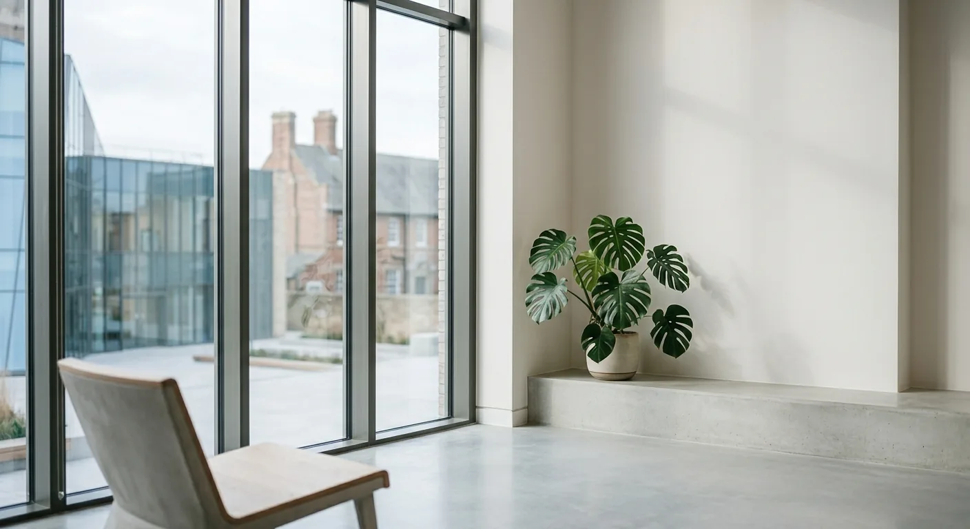 Quiet interior corner with daylight on a plaster wall and a potted plant on a concrete ledge